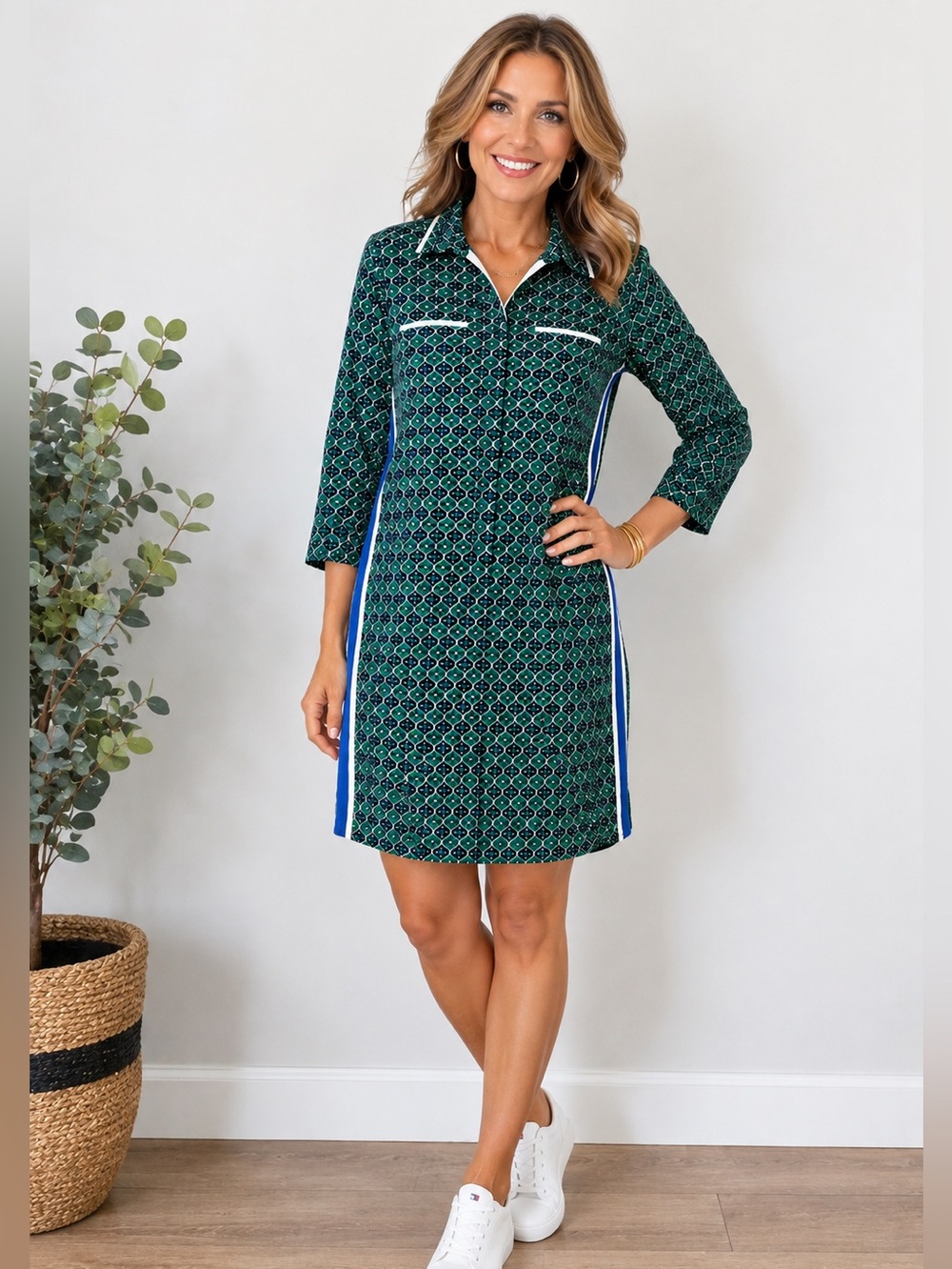 Tommy Hilfiger Geometric Print Shirt Dress Green Mod Tunic Sporty Stripe Trim L
